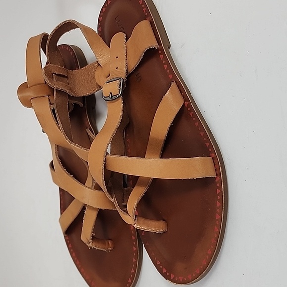 Lucky Brand Women's Tan Leather Sandals Side Buckle Festive Border Design, sz 5 - Picture 4 of 16